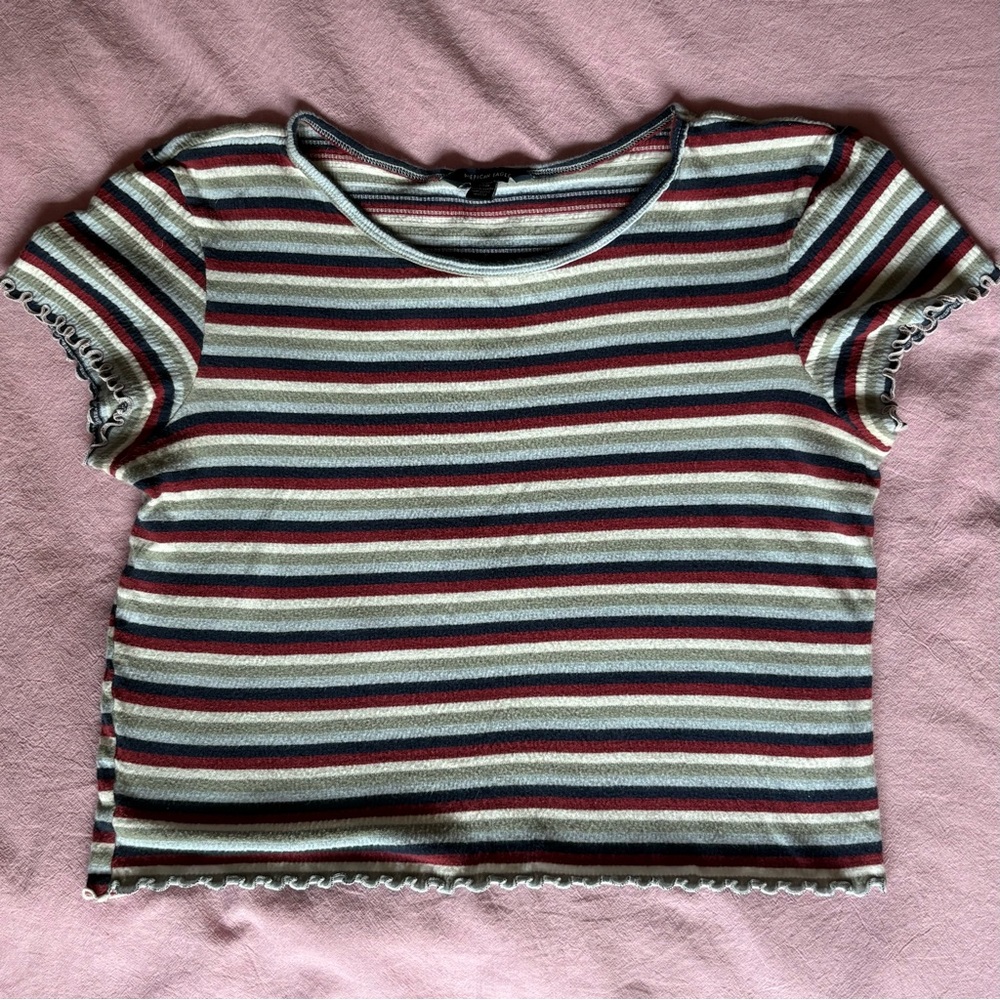 American Eagle Outfitters Cropped Ruffle Hem Striped Tee Multicolor Small